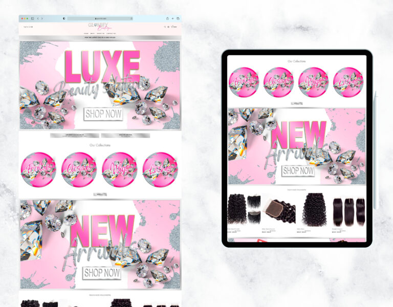 Luxury website template with diamonds, pink, and gold for a hair boutique.