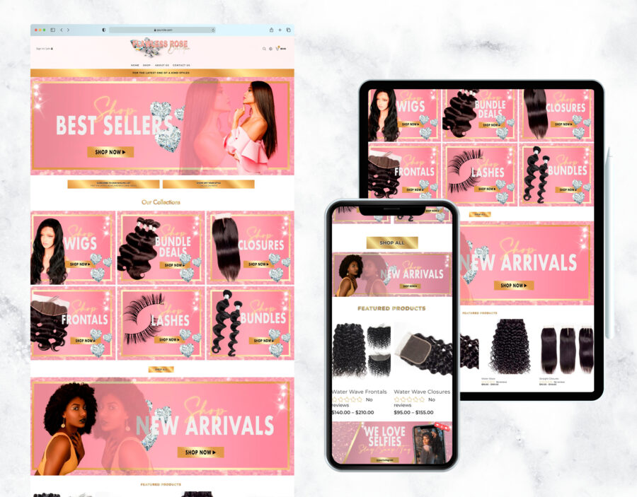 Chic rose gold and pink website template for a luxury online store.