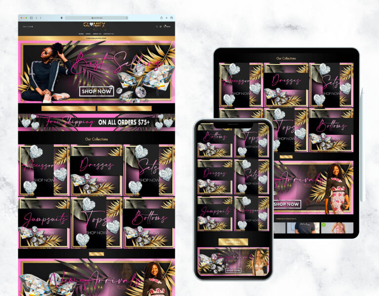 Classy tropical and gold website template for a clothing boutique.