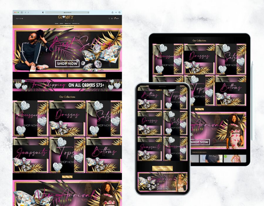 Classy tropical and gold website template for a clothing boutique.