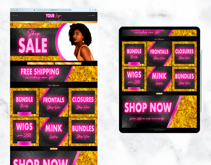Neon pink and gold website design for a hair and beauty boutique.