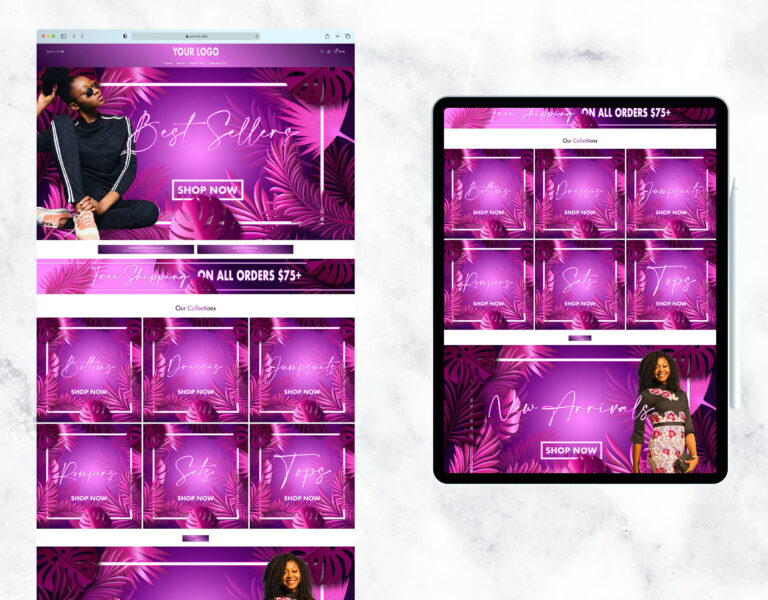 Vibrant tropical purple and neon website for a clothing boutique.
