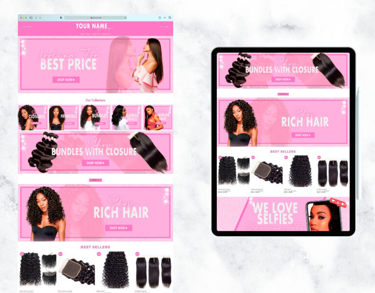 Glittery pink website and logo design for a hair boutique.