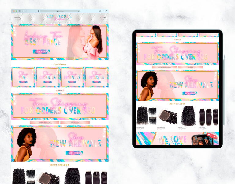 Holographic rose gold website template for a modern hair boutique.