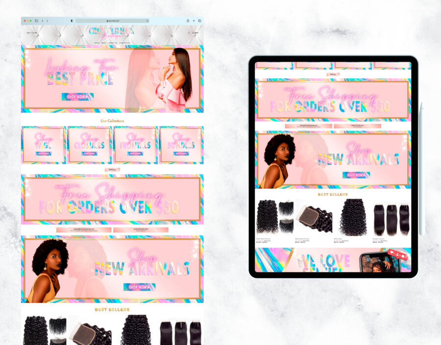 Holographic rose gold website template for a modern hair boutique.