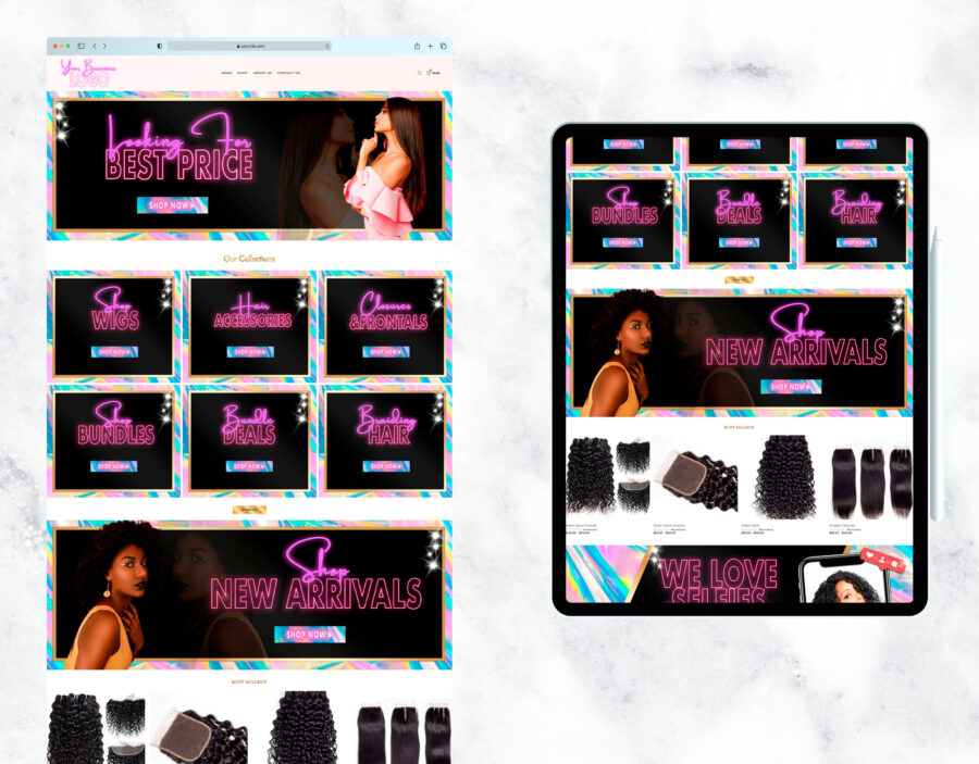 Holographic neon website and logo design for a hair boutique.