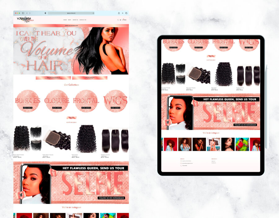 Elegant rose gold website template for a hair and beauty store.