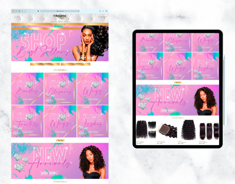 Colorful website design with diamond accents for a hair boutique.