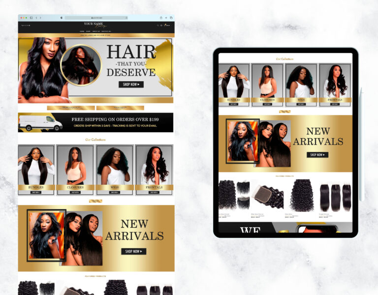 Gold chrome website template design for a hair and beauty brand.