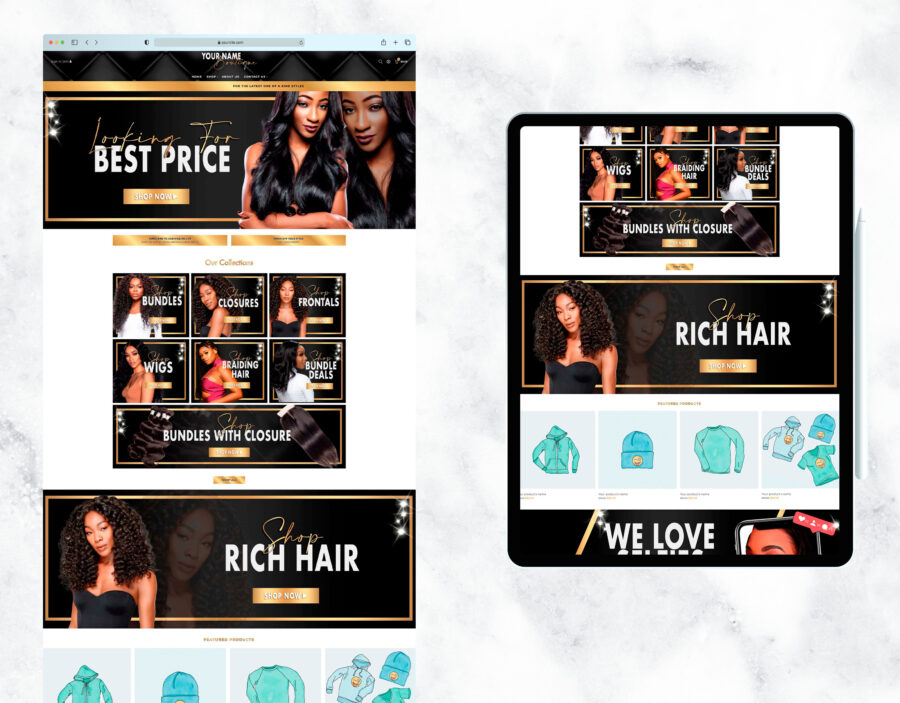 Bold black and gold website template for a clothing boutique.