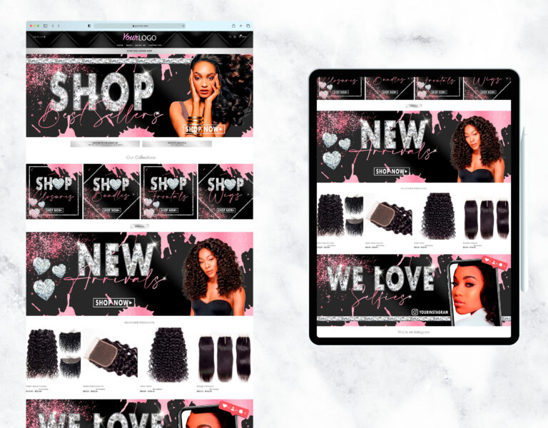 Luxury website template in black and pink with diamond lettering.