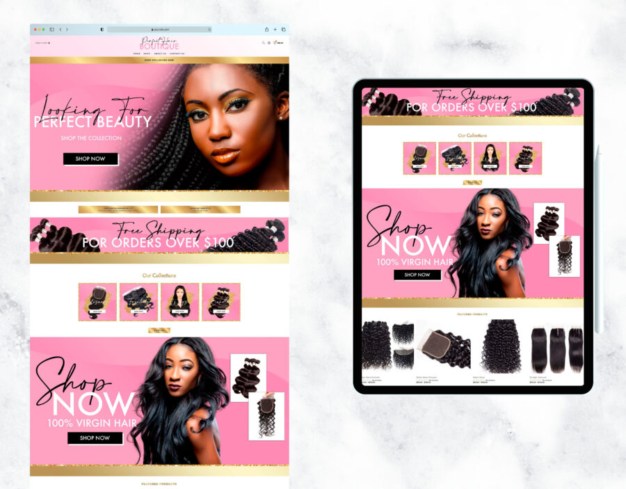 Sleek and minimalist pink website template for a hair boutique.