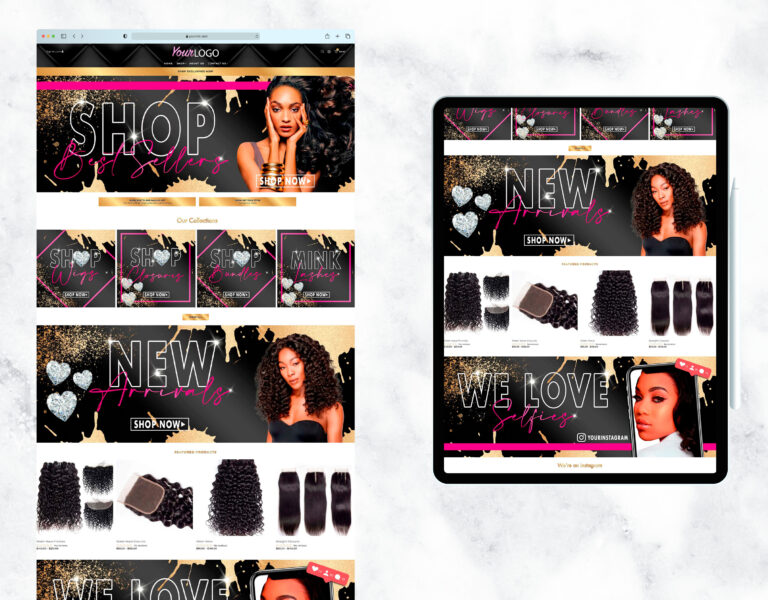 Luxury black and pink website with diamond lettering for a hair boutique.