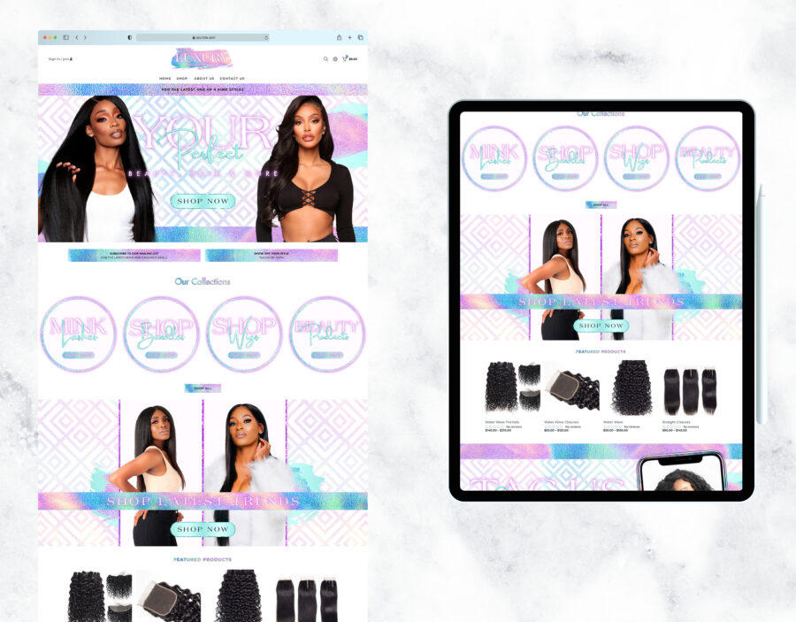 Holographic website template design for a hair boutique.