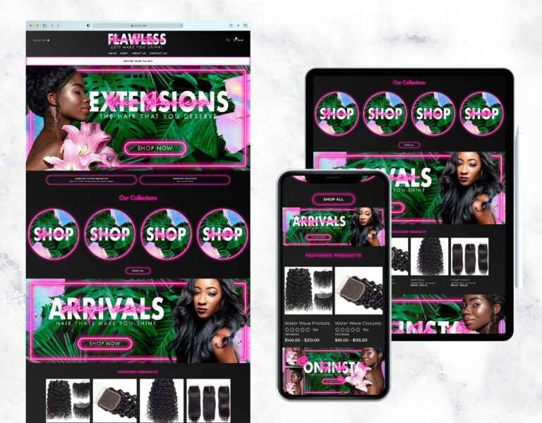 Luxe tropical and pink neon website template for a hair store.