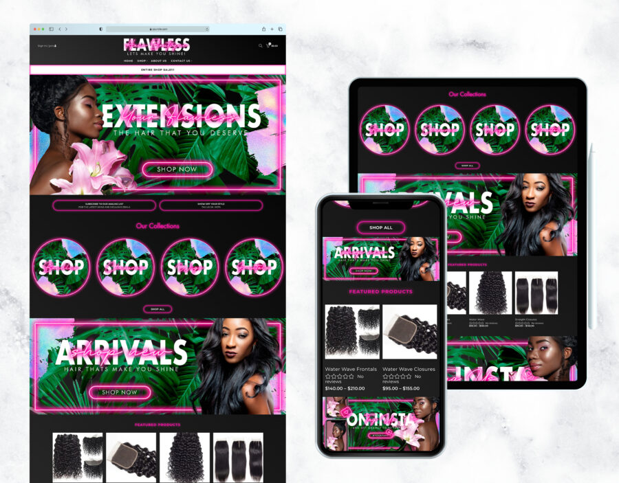 Luxe tropical and pink neon website template for a hair store.