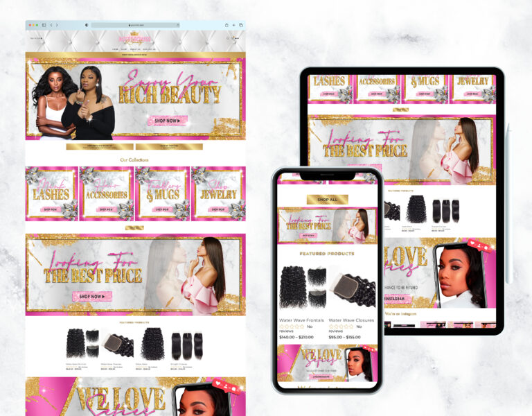 Pink, gold, and marble website template for a beauty or nail salon.