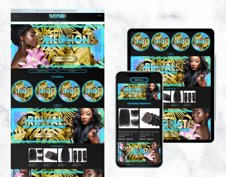 Luxe tropical website template in turquoise and neon for a hair boutique.