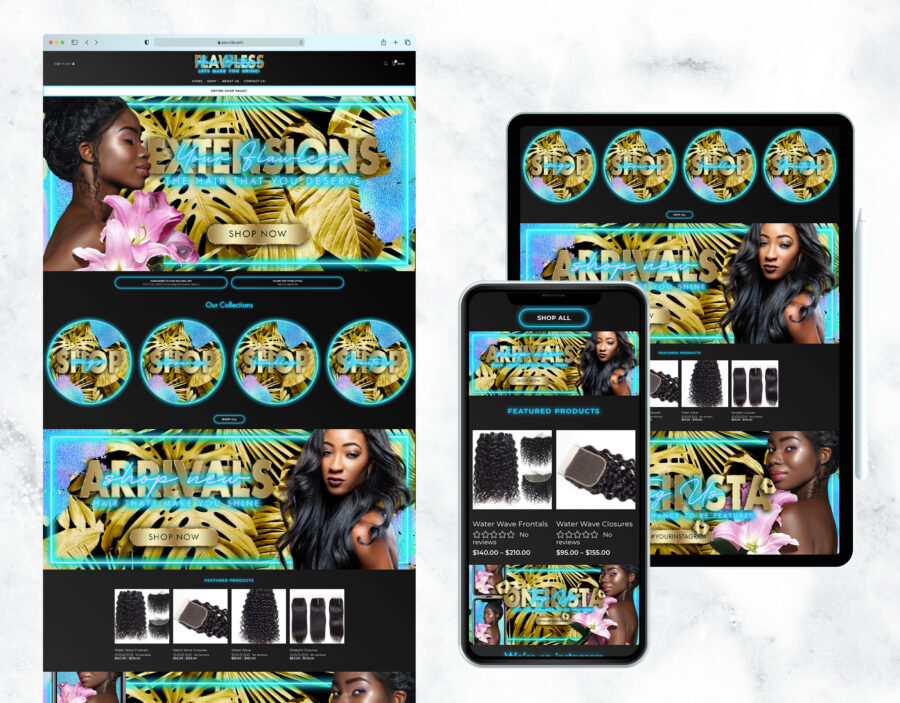 Luxe tropical website template in turquoise and neon for a hair boutique.