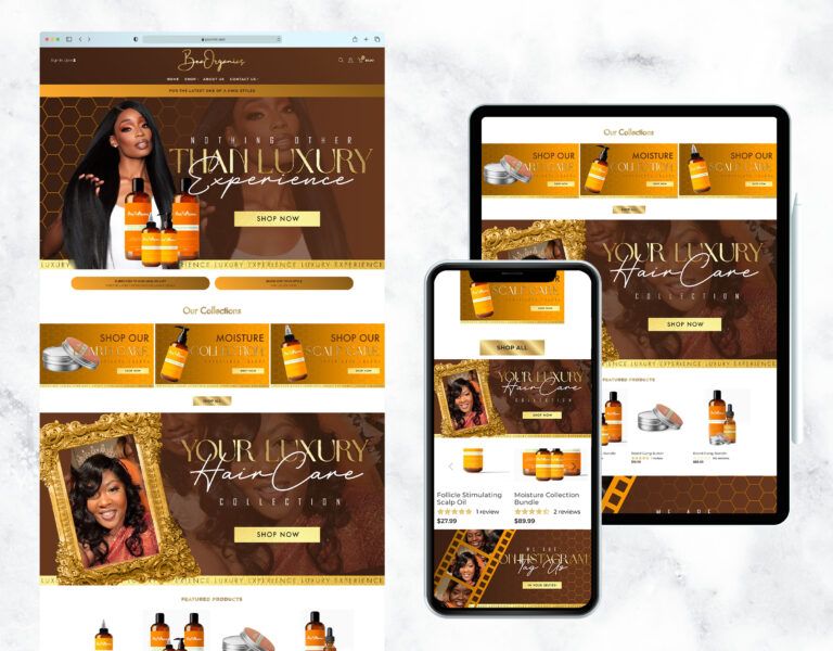 Luxury orange, gold, and black website template for a beauty store.