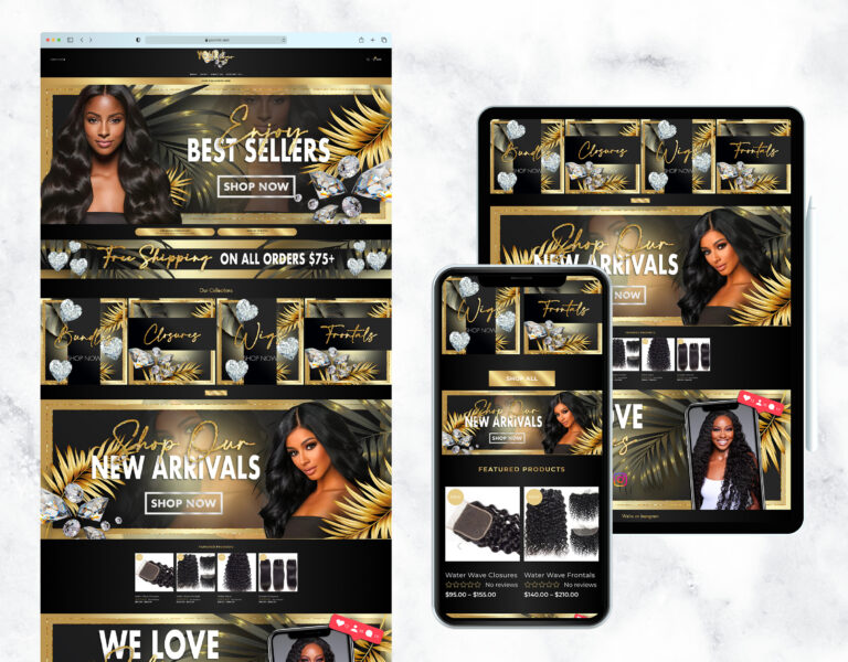 Elegant gold and tropical themed website template for a boutique.