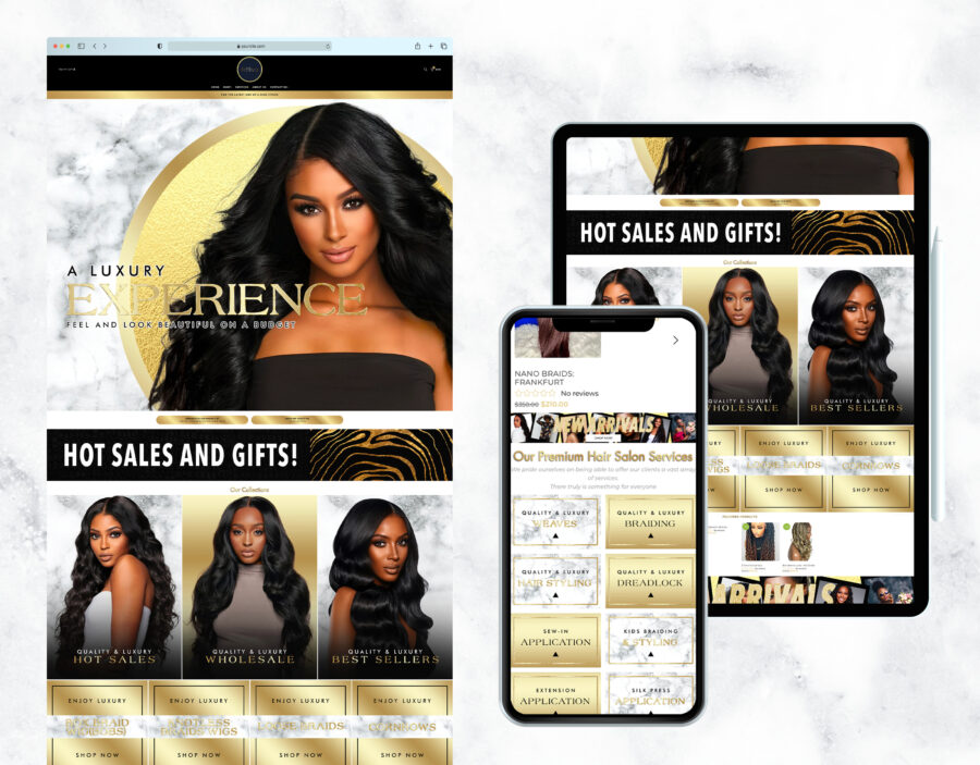 Luxury gold and marble website template for a hair boutique.