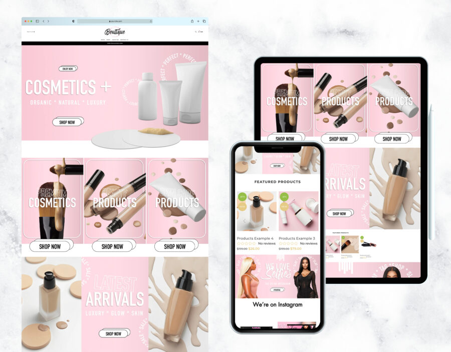 Nude pink website template for a skincare and cosmetics brand.