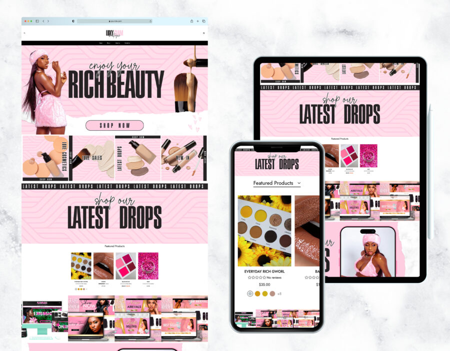 Elegant pink website template for a cosmetics business.