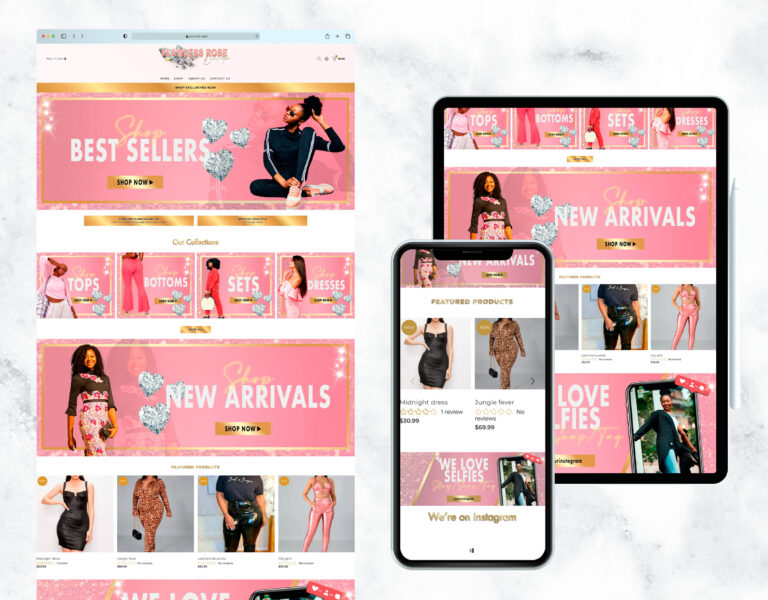 Classy rose gold glitter and pink website for a clothing boutique.