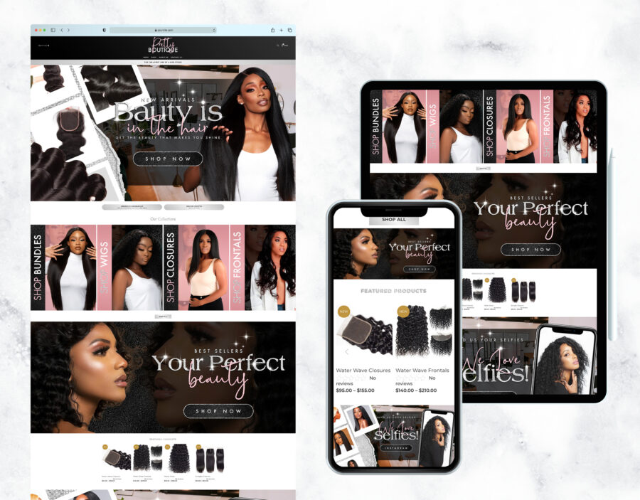 Luxurious pink, silver, and black website template for a hair brand.