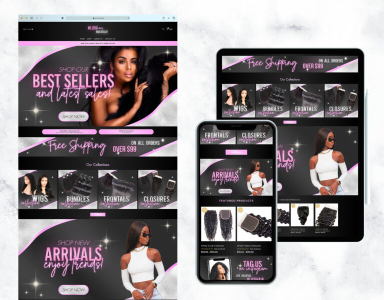 Elegant pink and black website template for a hair boutique.