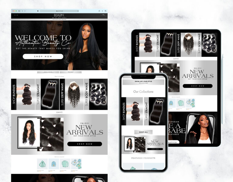 Luxurious silver and black website template for a hair boutique.