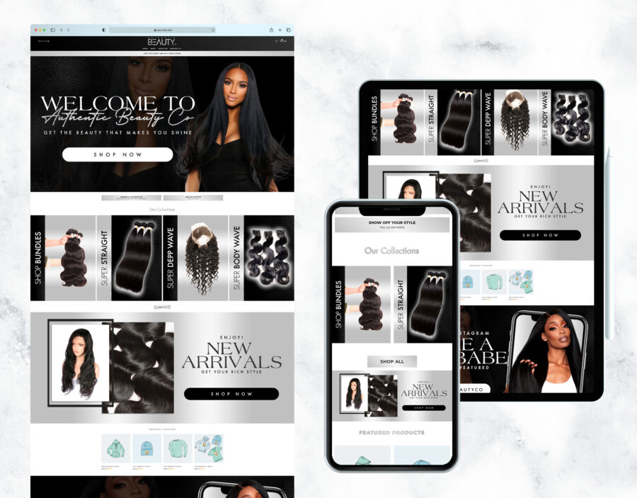 Luxurious silver and black website template for a hair boutique.