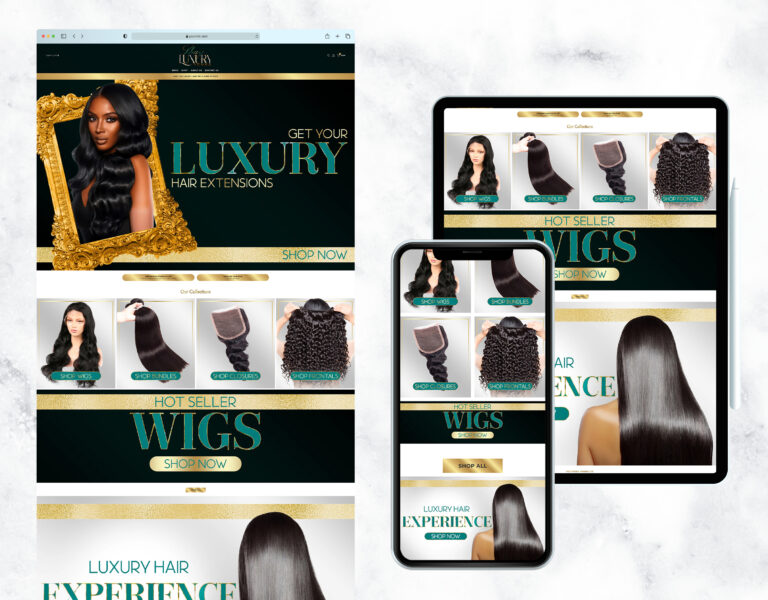 Emerald, silver, and gold website template for a hair boutique.