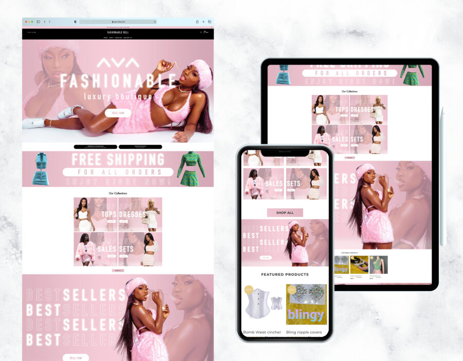 Cute nude and baby pink website template for a boutique.