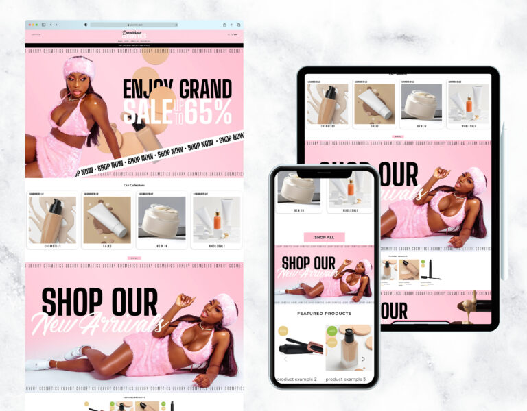 Modern pink website template for a cosmetics boutique.