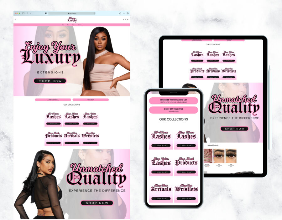 Trendy pink website template for a lash and beauty boutique.