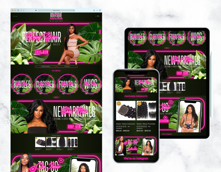Luxe tropical and hot neon website template for a hair store.