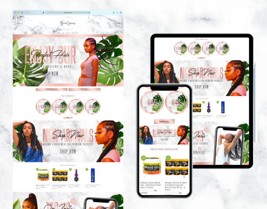 Tropical rose gold website template for a hair store.