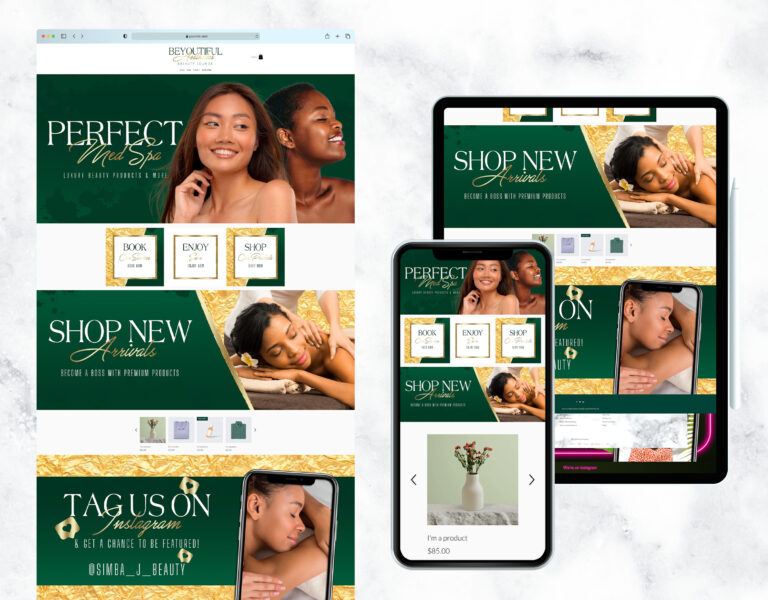 Emerald green and gold website template for a beauty and makeup brand.