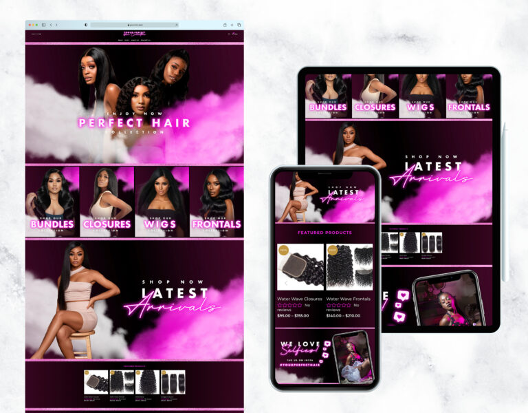 Elegant purple, pink, and neon website template for a hair store.