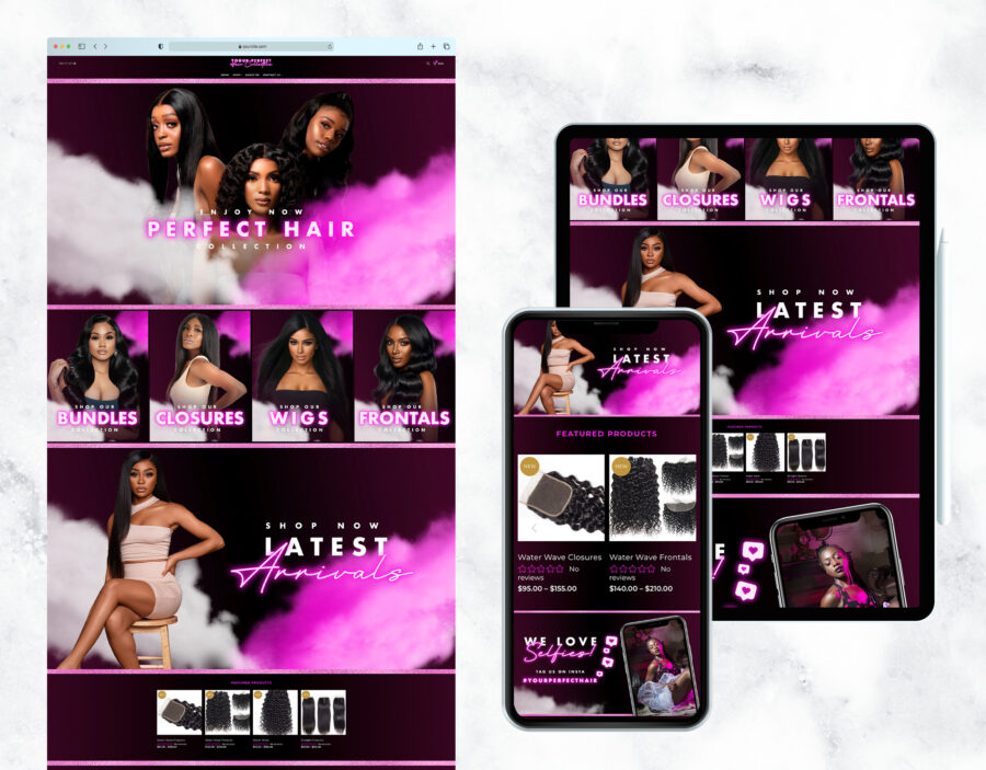 Elegant purple, pink, and neon website template for a hair store.
