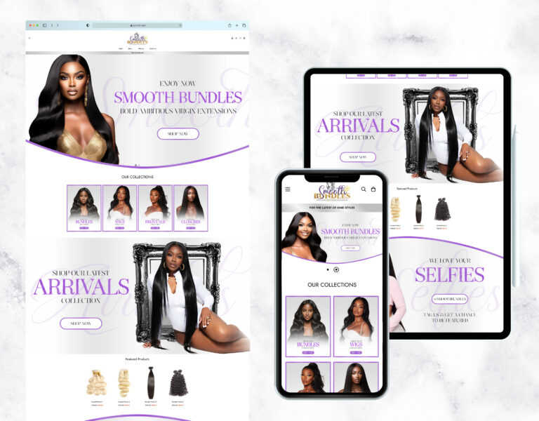 Feminine and luxe website template for a hair bundle store.