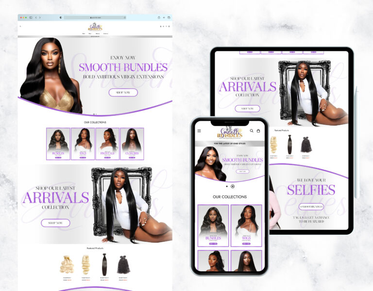 Feminine and luxe website template for a hair bundle store.