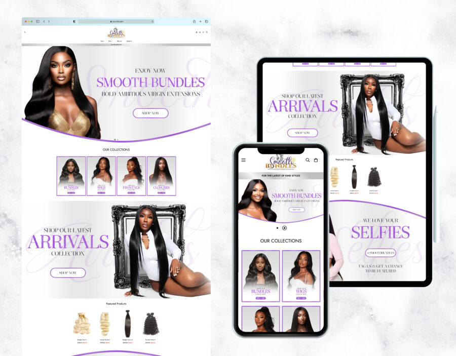 Feminine and luxe website template for a hair bundle store.