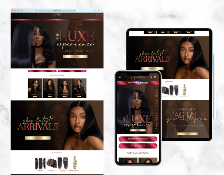 Luxe black and gold website template for a hair brand.