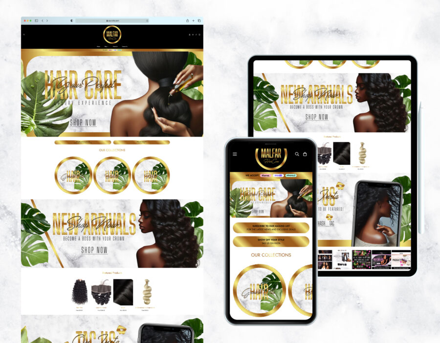 Elegant gold and white website template for a hair care brand.