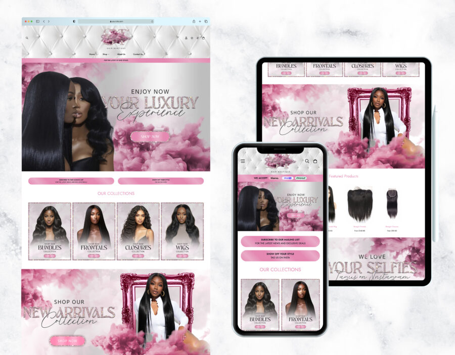 Luxury website template for hair, wigs, and makeup brands.
