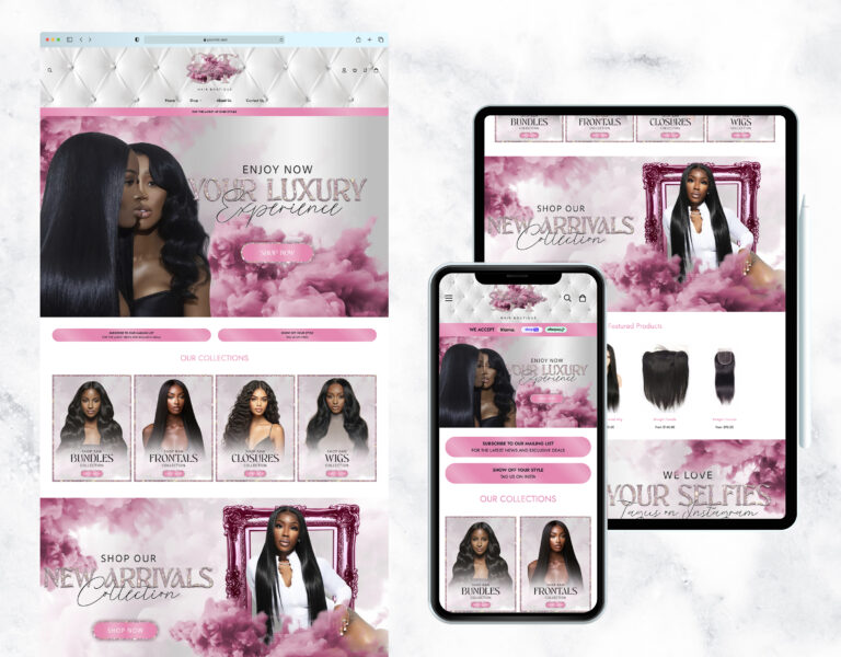 Luxury website template for hair, wigs, and makeup brands.