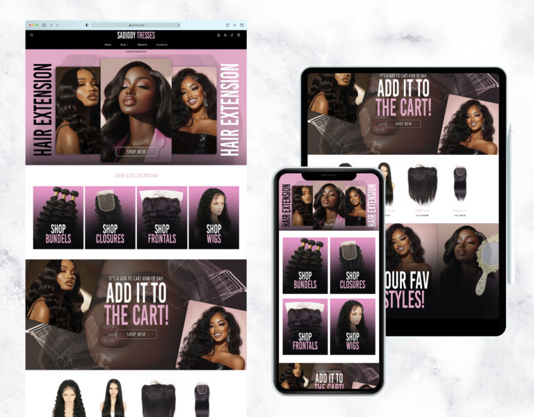 Elegant website template for hair, wigs, and makeup brands.